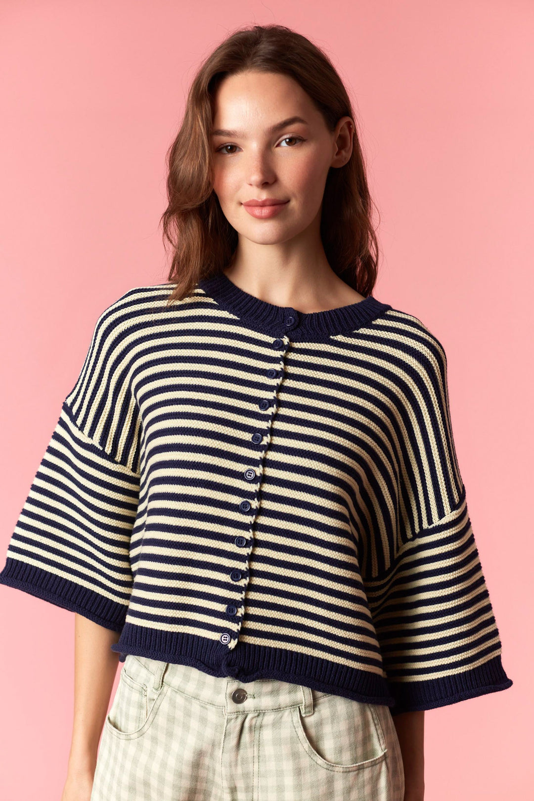 Navy/Cream Thin Stripe Curly Edge Oversized Cardigan