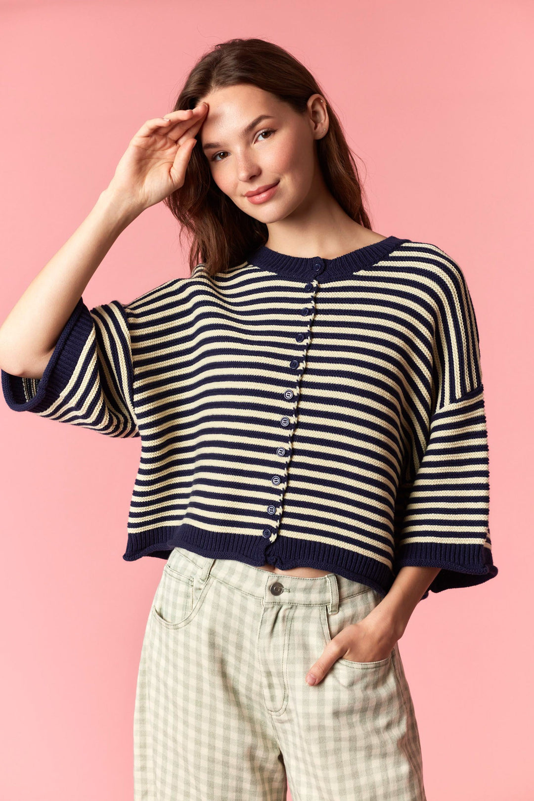 Navy/Cream Thin Stripe Curly Edge Oversized Cardigan