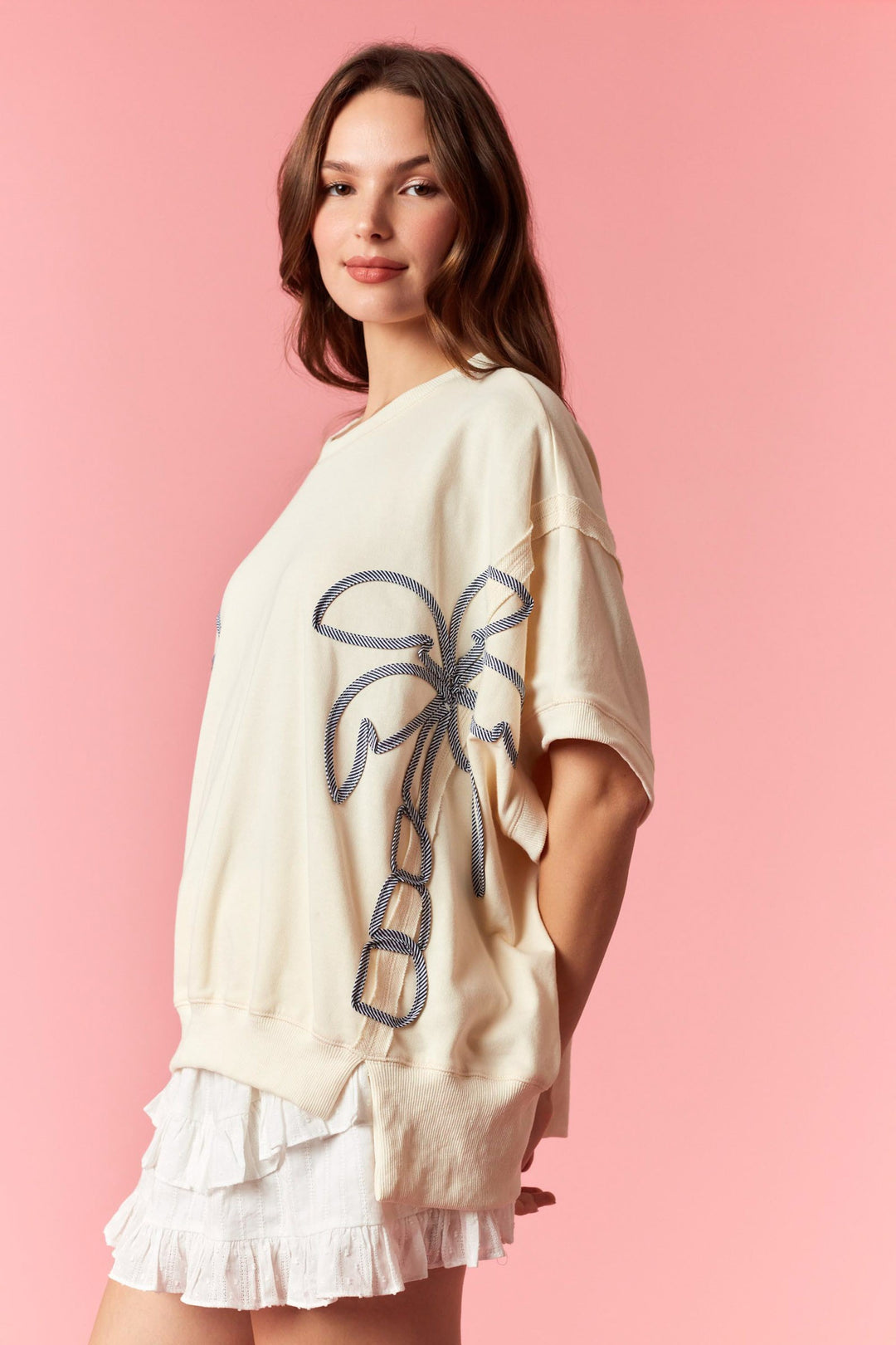Palm Tree Line Stripe French Terry Oversized Top