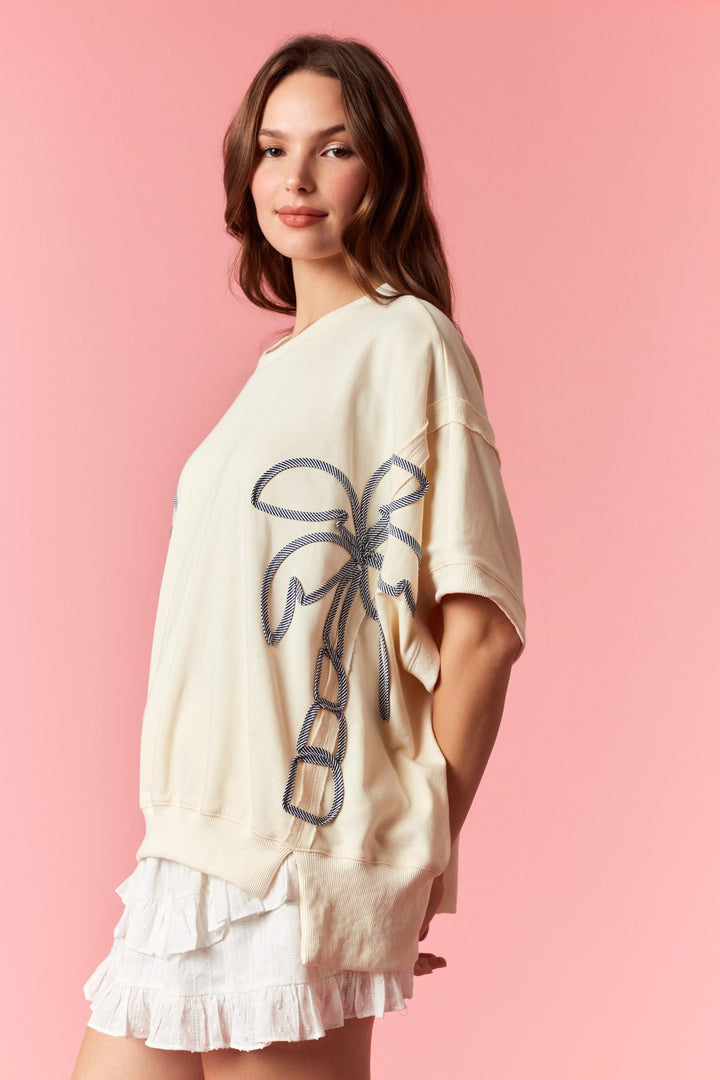 Palm Tree Line Stripe French Terry Oversized Top