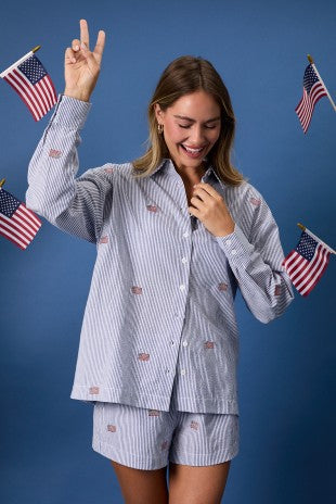 Stripe Flag Embroidered Oversized Button Down Shirt