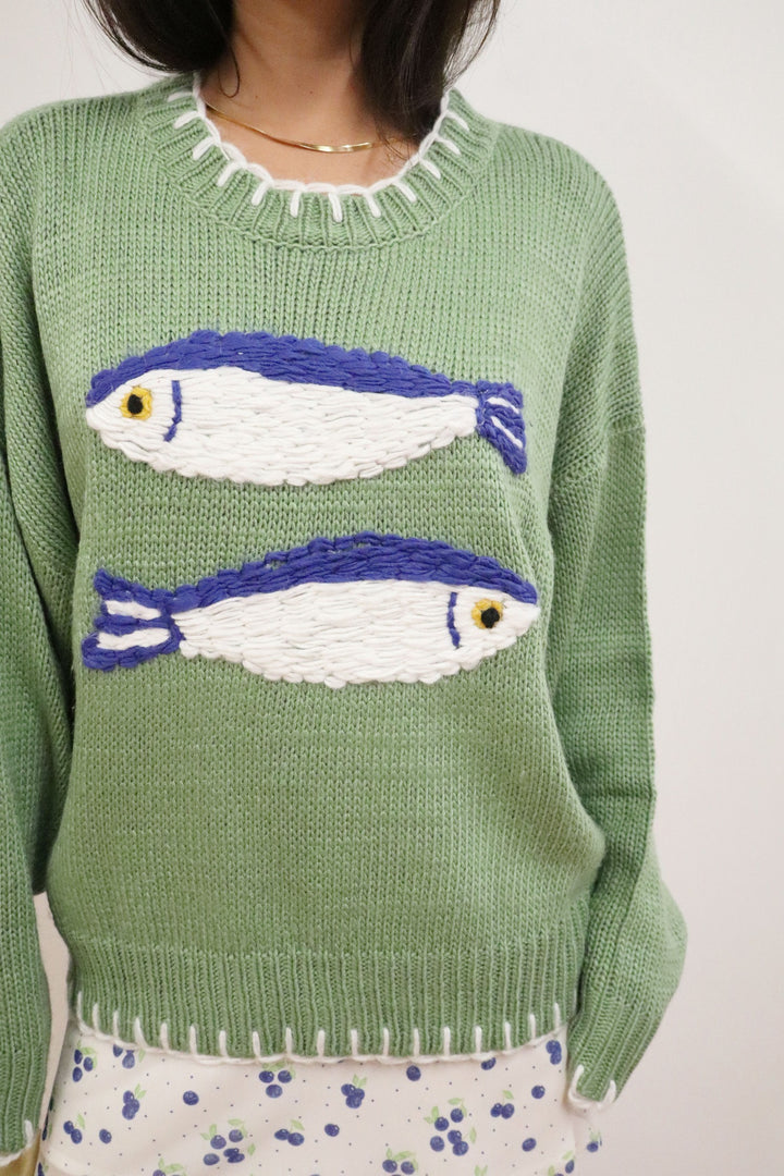 Double Fish Embroidered Knit Sweater