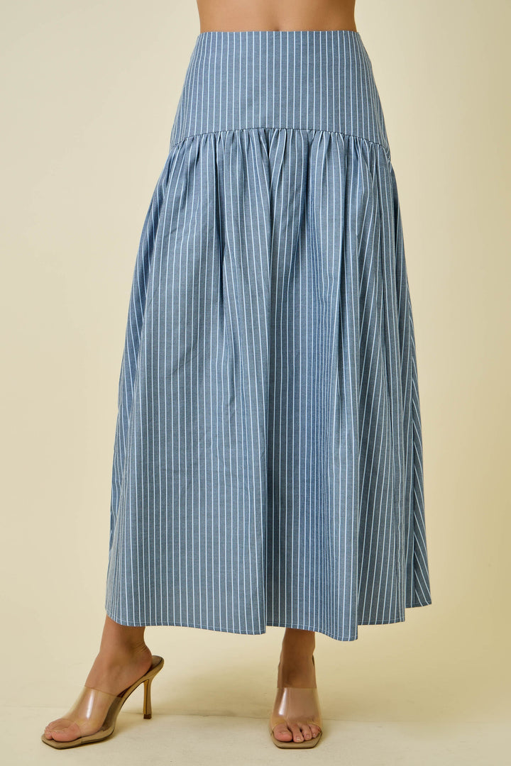 Stripe Flared Maxi Skirt With Curved Yoke