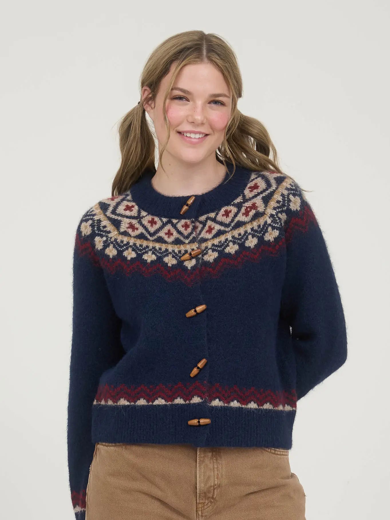 Faire Isle Toggle Button Knit Cardigan Sweater