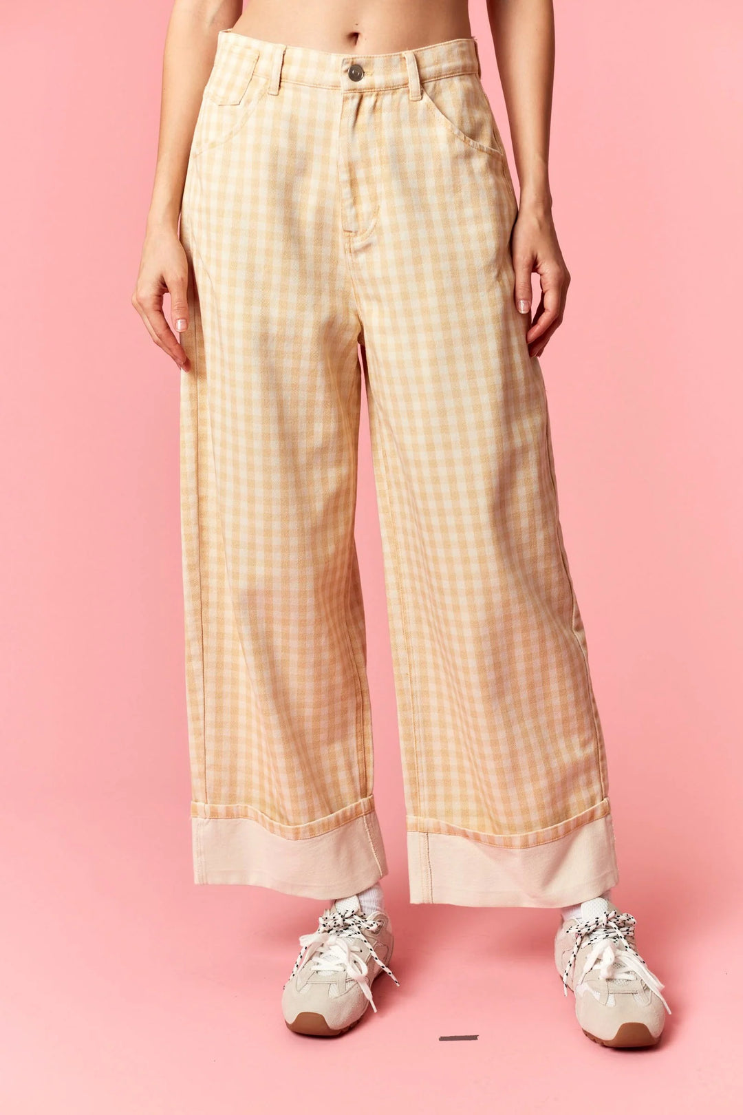 Gingham Rolled Up Barrel Printed Jeans