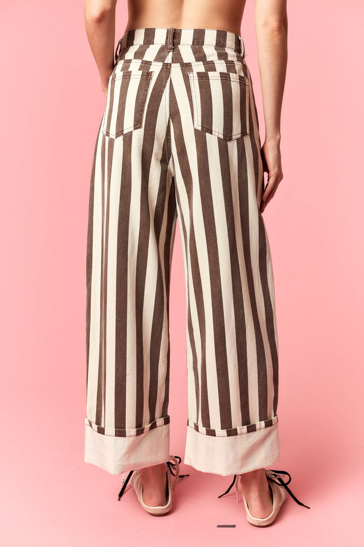 Stripe Rolled Up Barrel Printed Jeans