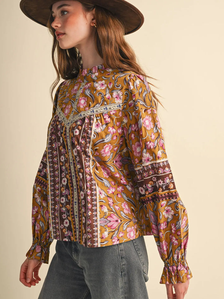 Floral Border Print Top with Floral Trim