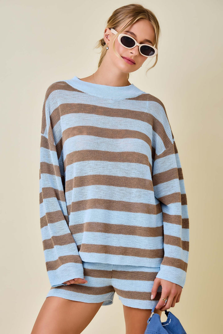 Blue/Brown Mockneck Striped Light Weight Knit Sweater Lounge Top