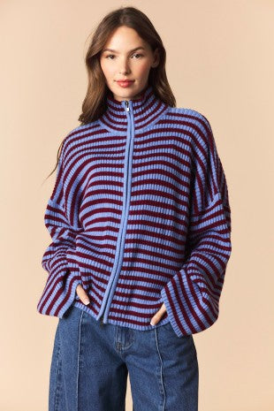 Mock Neck Stripe Rib Knitting Sweater Zip Cardigan
