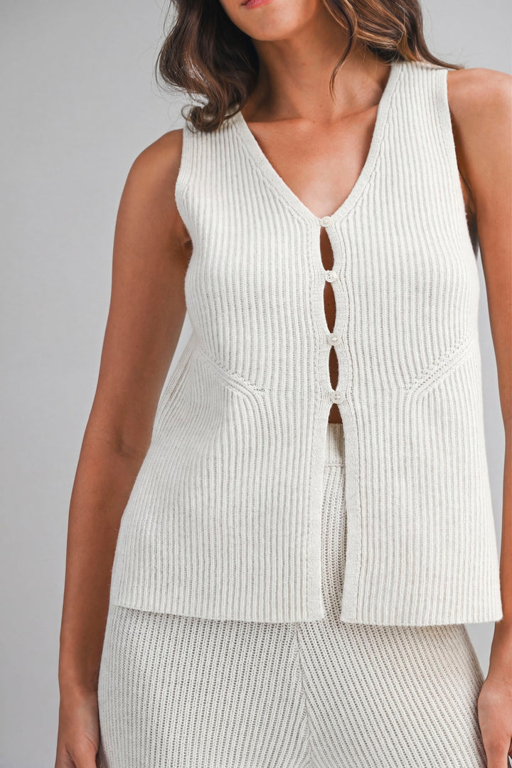 Cream Knit Button Front Tank Top
