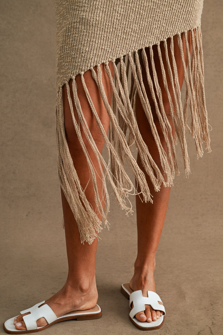 Sleeveless Asymmetrical Fringe Hem Knit Midi Dress