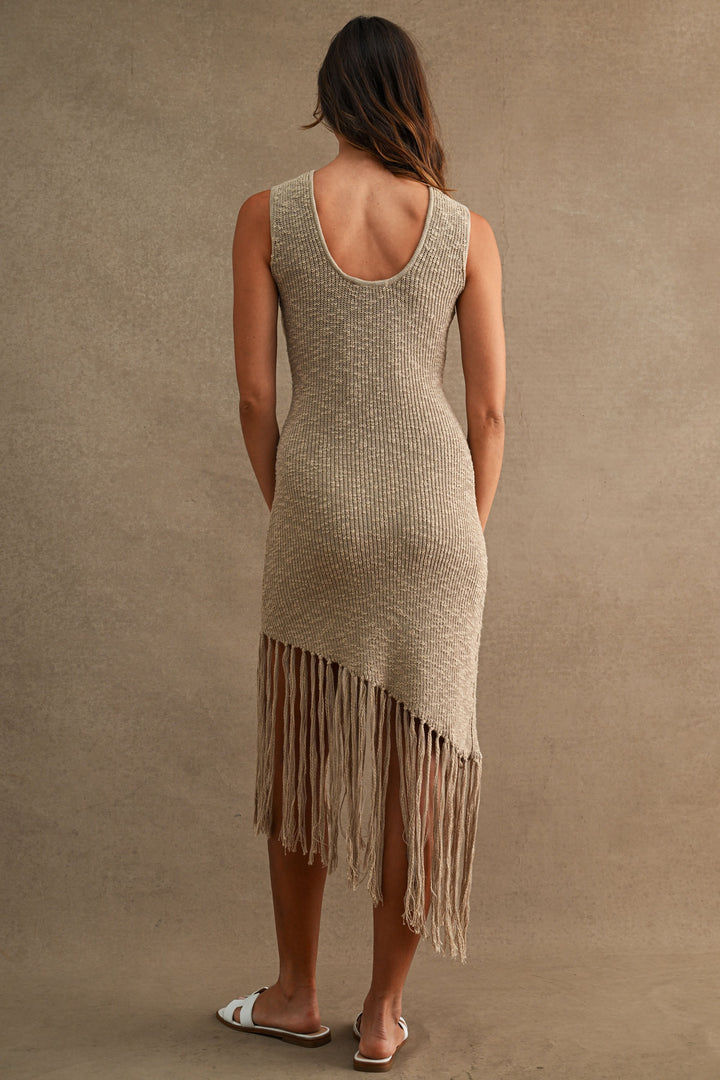 Sleeveless Asymmetrical Fringe Hem Knit Midi Dress