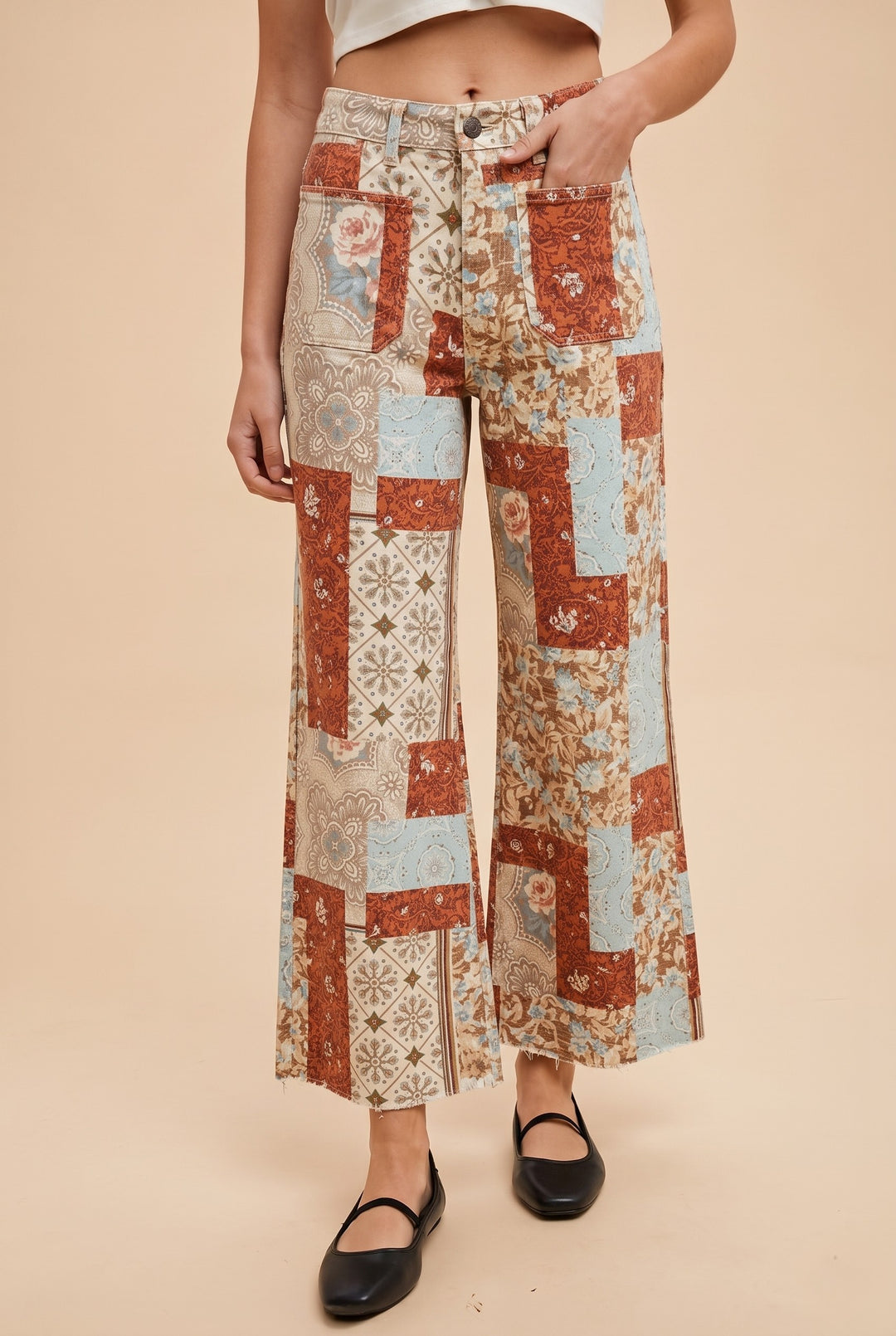 Patchwork Print Stretch Wide-leg Pants