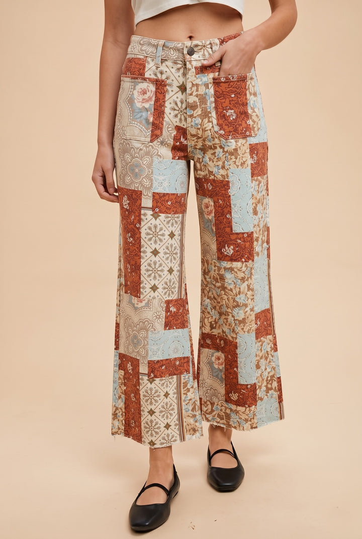 Patchwork Print Stretch Wide-leg Pants