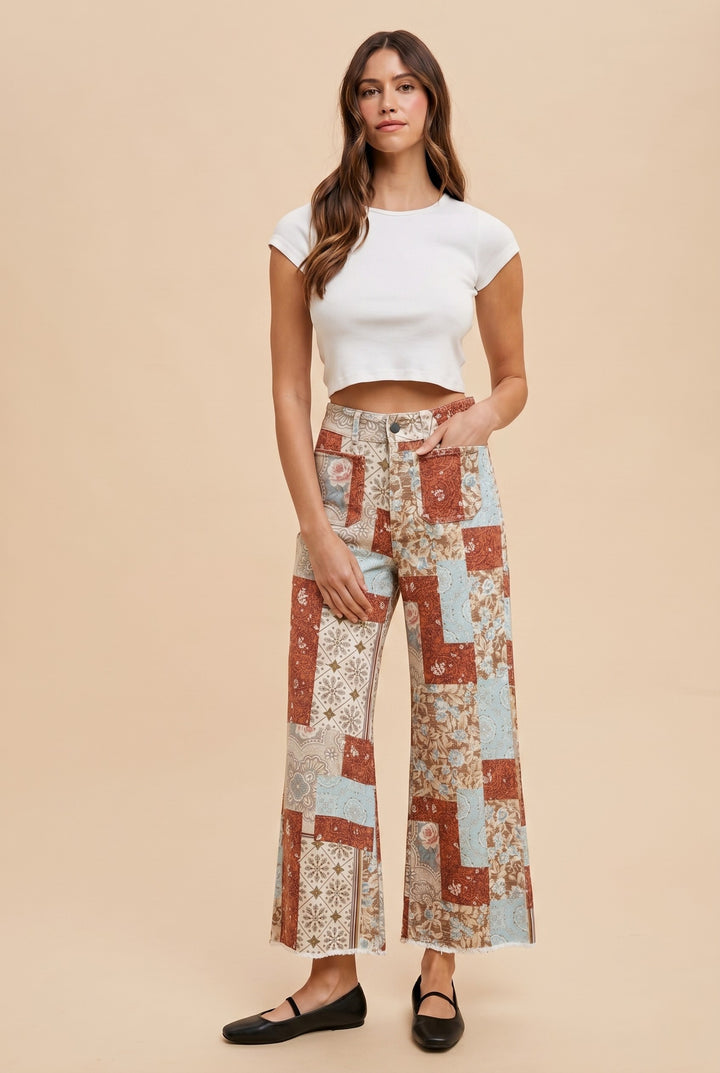 Patchwork Print Stretch Wide-leg Pants