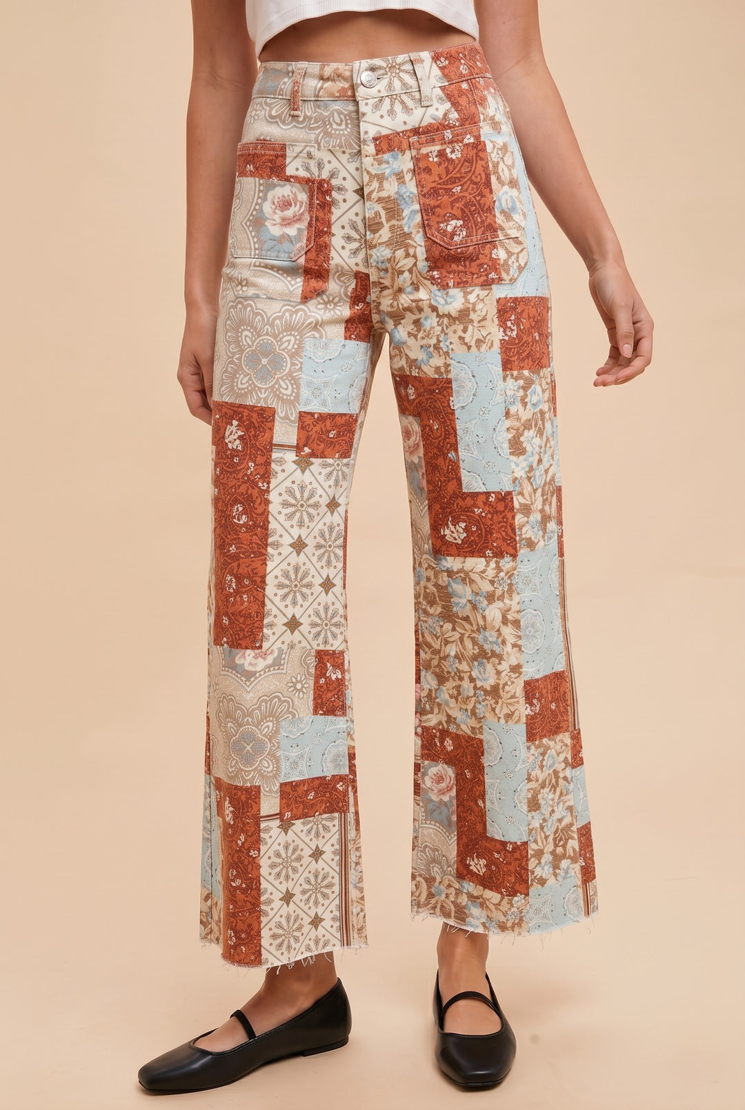 Patchwork Print Stretch Wide-leg Pants
