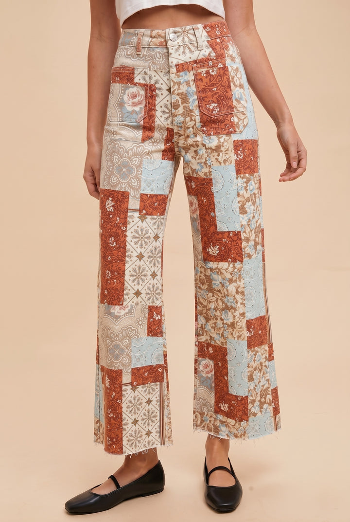 Patchwork Print Stretch Wide-leg Pants