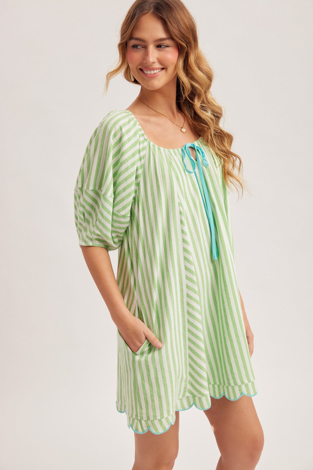 Scallop Embroidered Stripe Babydoll Mini Dress