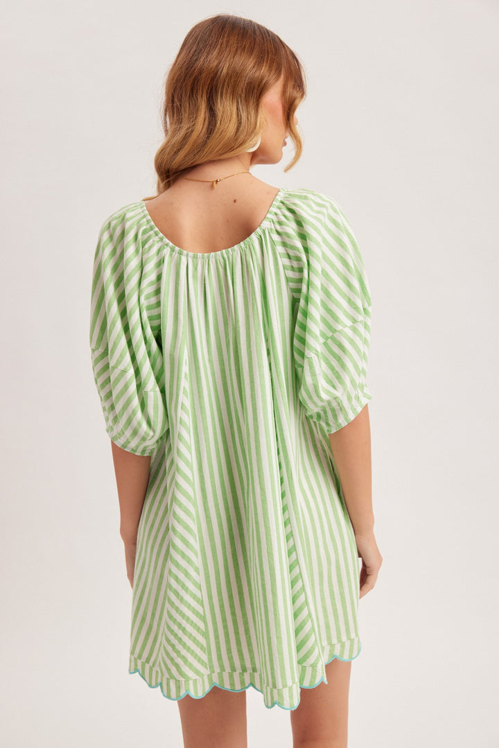 Scallop Embroidered Stripe Babydoll Mini Dress