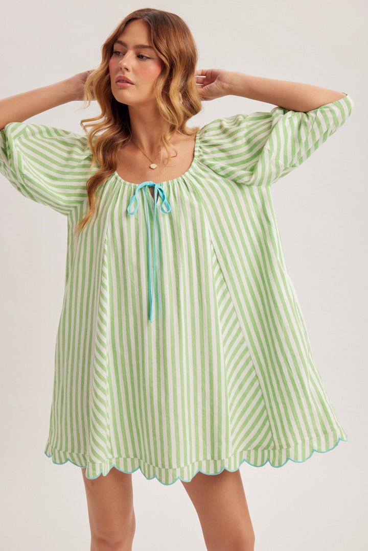Scallop Embroidered Stripe Babydoll Mini Dress