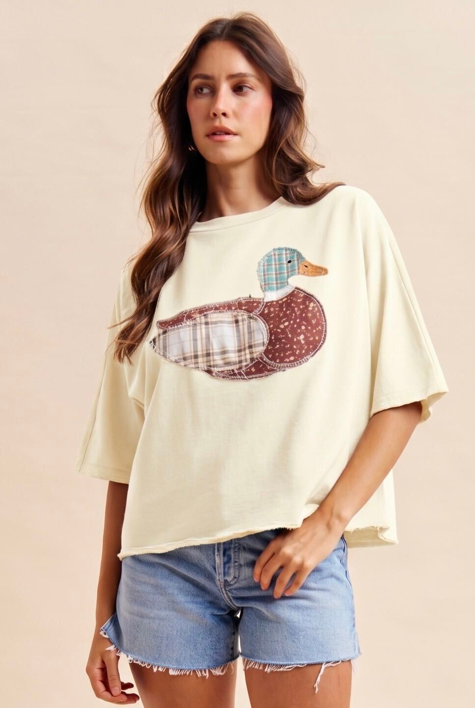 Cream Mallard Duck Patchwork Dolman Sleeve Knit Top