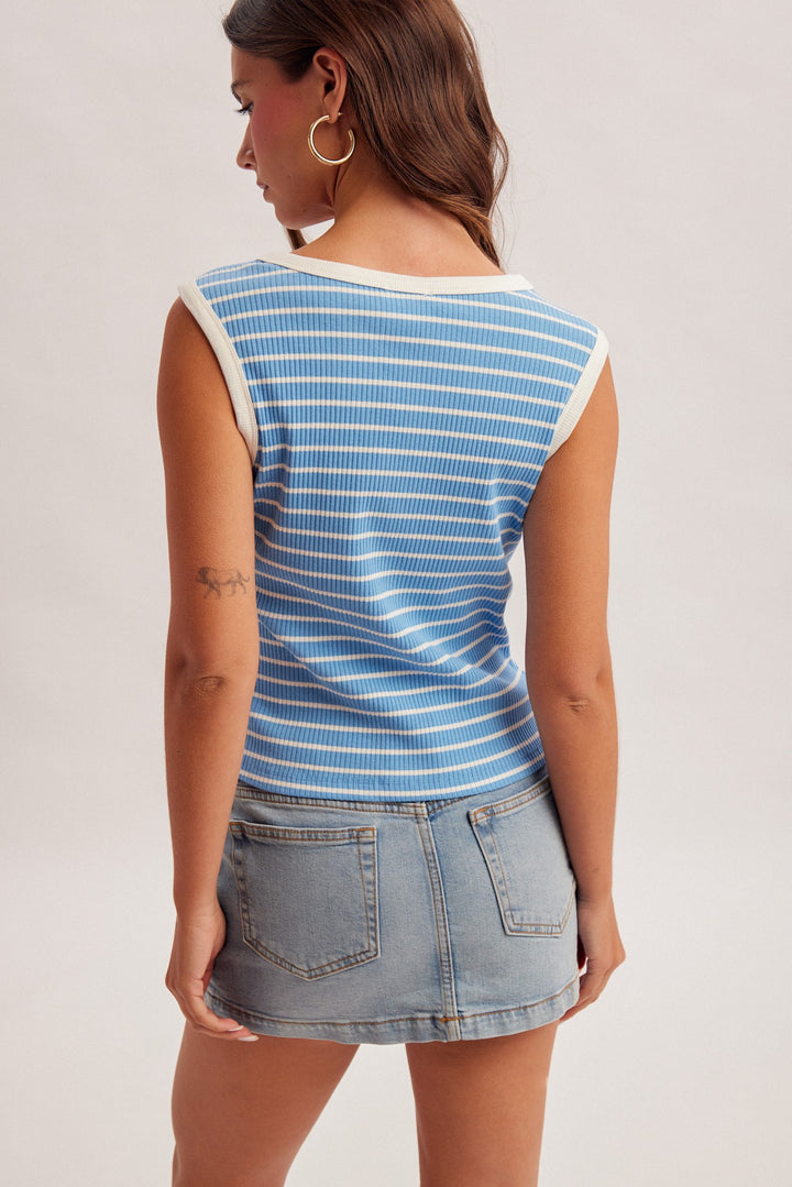 Stripe Rib Contrast Binding Button Down Sleeveless Top