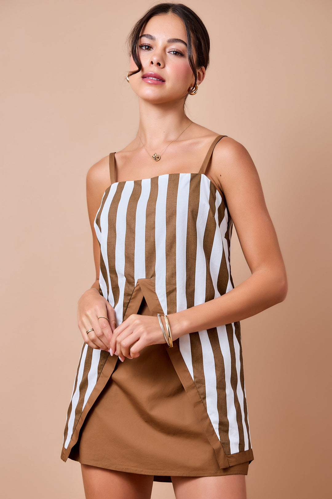 Striped Cami Top With Front Split Open Hem Detail