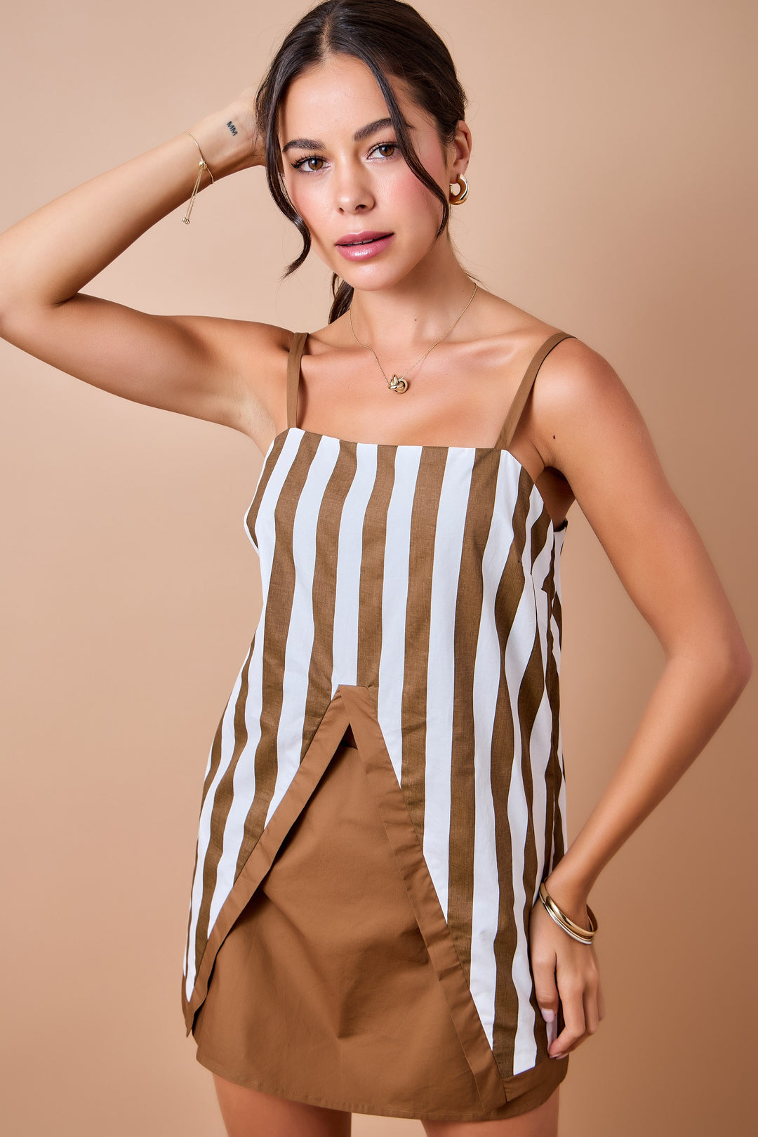 Striped Cami Top With Front Split Open Hem Detail