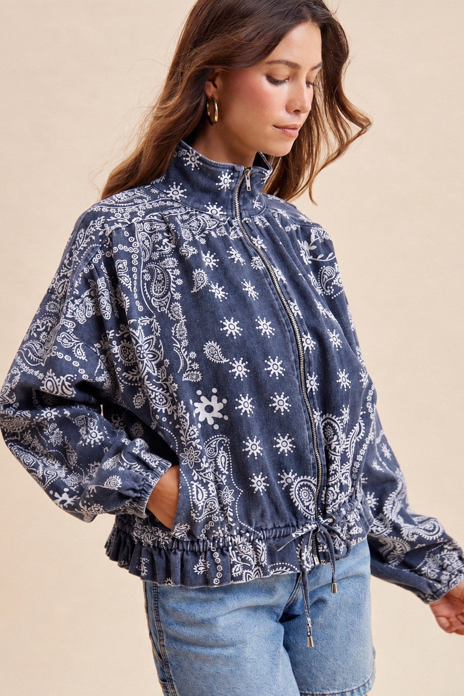 Bandana Printed Washed Drawstring Waist Bomber Jacket