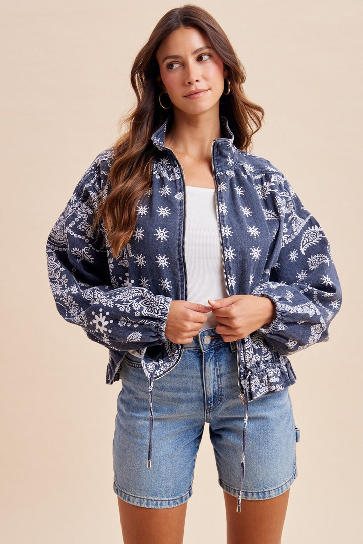 Bandana Printed Washed Drawstring Waist Bomber Jacket