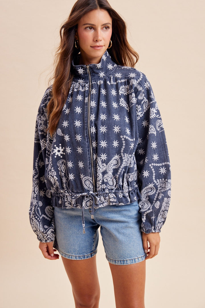 Bandana Printed Washed Drawstring Waist Bomber Jacket