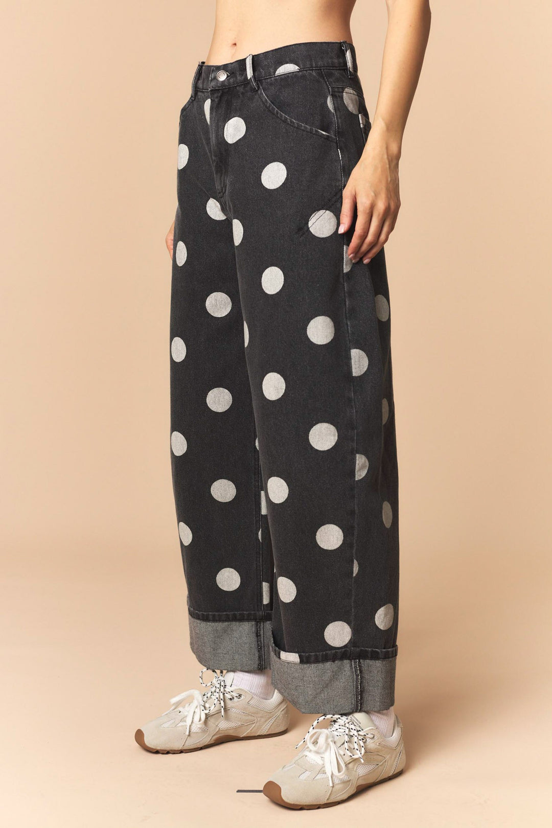 Polka Dot Rolled Up Barrel Printed Jeans