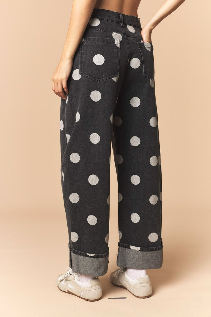 Polka Dot Rolled Up Barrel Printed Jeans