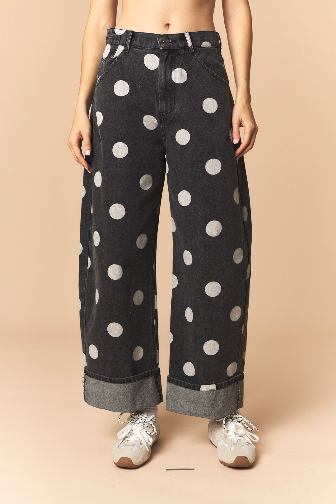 Polka Dot Rolled Up Barrel Printed Jeans