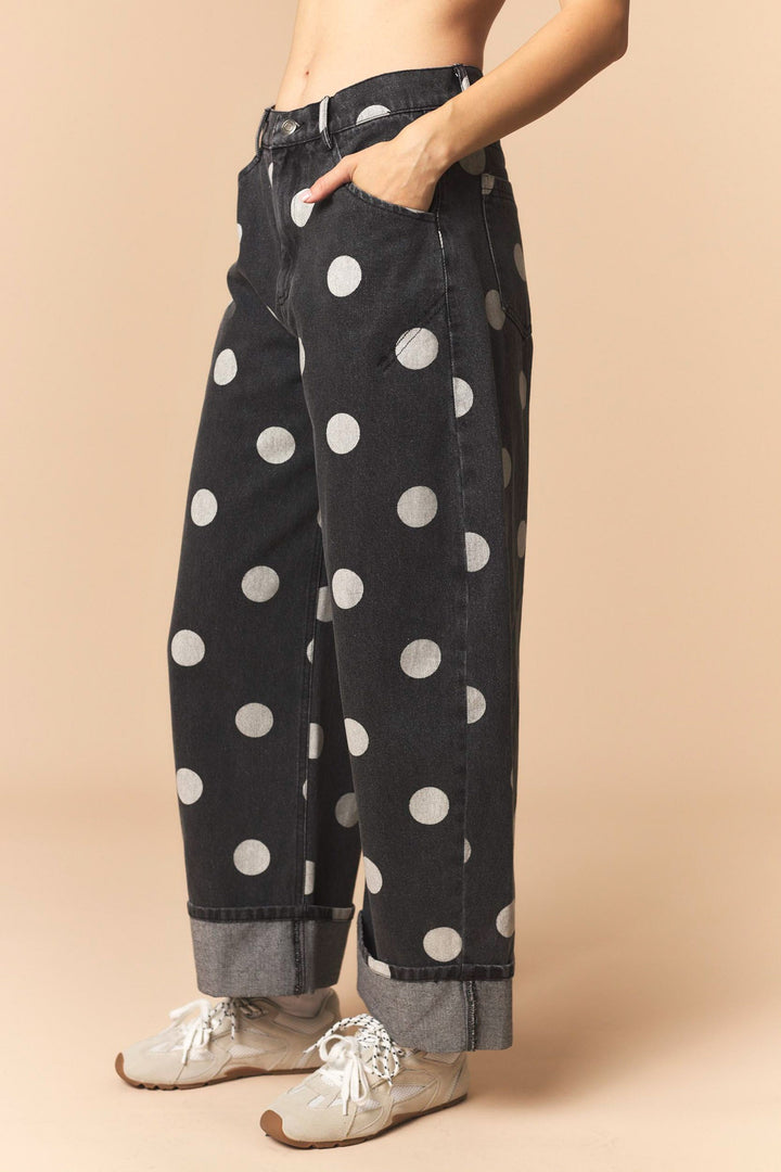 Polka Dot Rolled Up Barrel Printed Jeans