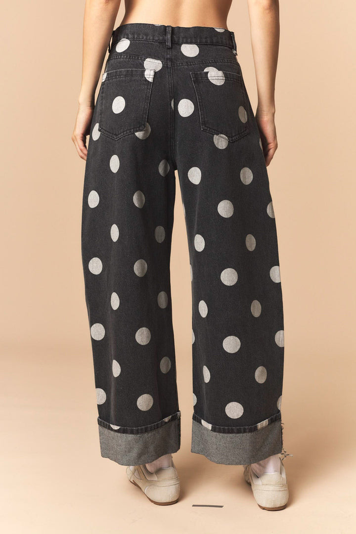 Polka Dot Rolled Up Barrel Printed Jeans