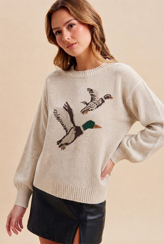 Mallard Duck Intarsia Oversize Pullover Sweater