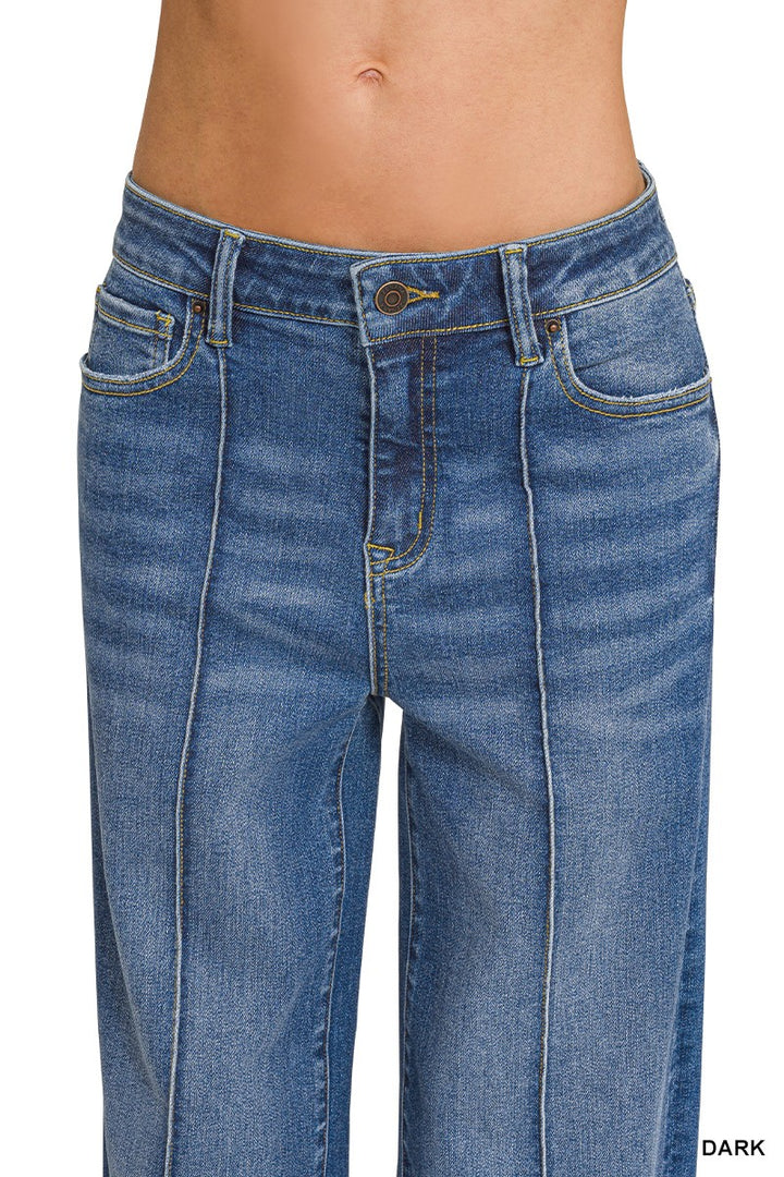 Cuffed Wide Leg Pintuck Denim Pants