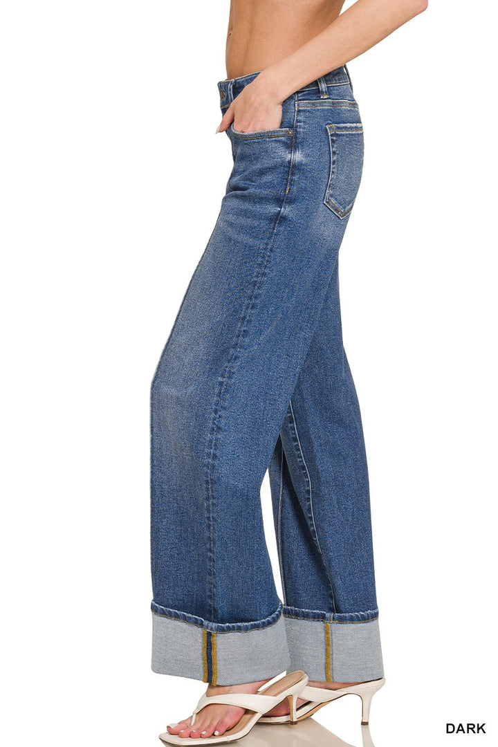 Cuffed Wide Leg Pintuck Denim Pants