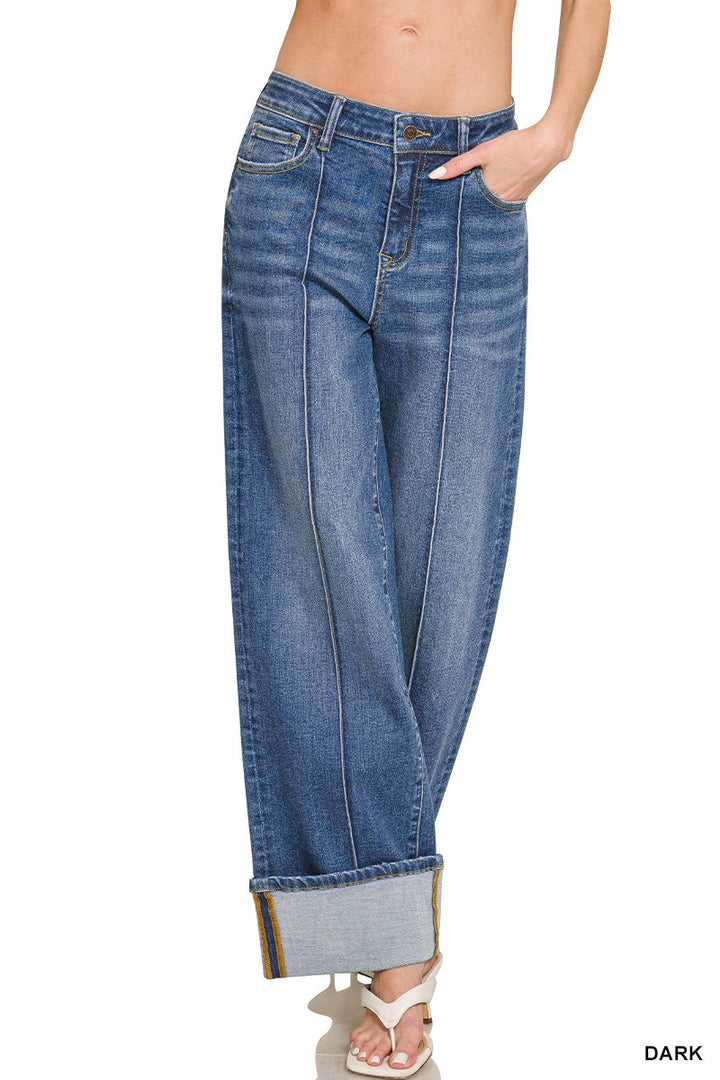 Cuffed Wide Leg Pintuck Denim Pants