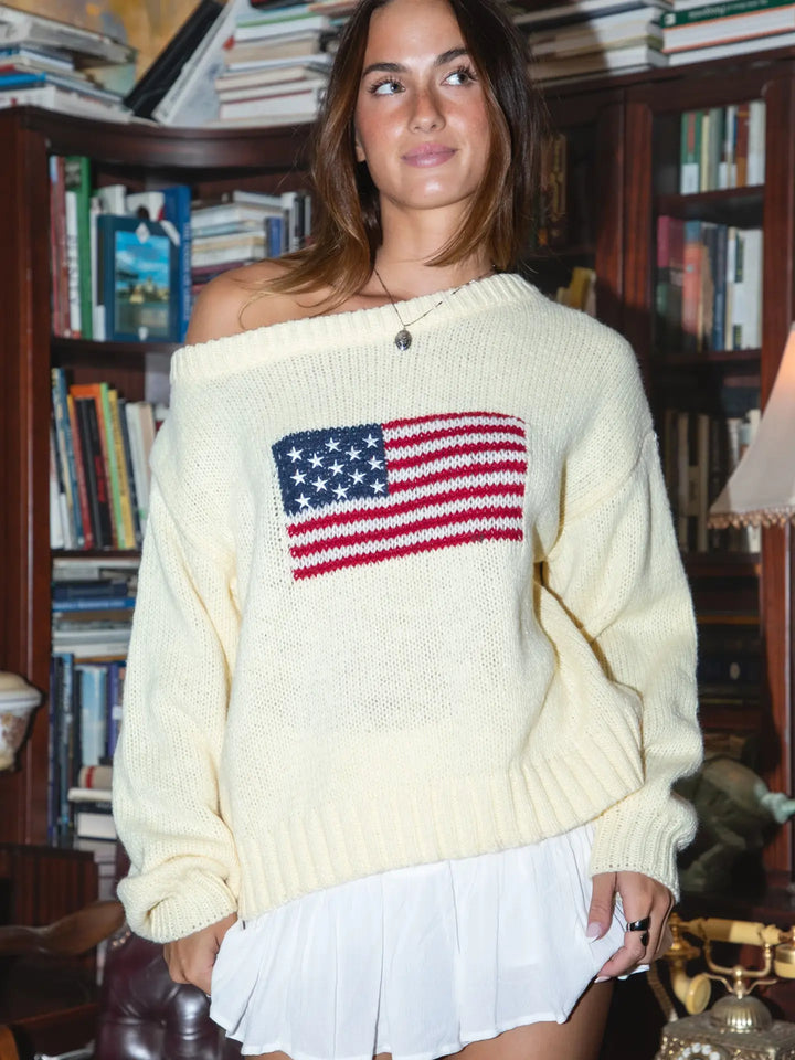Butter Yellow Brandi American Flag Knit Off the Shoulder Lounge Sweater