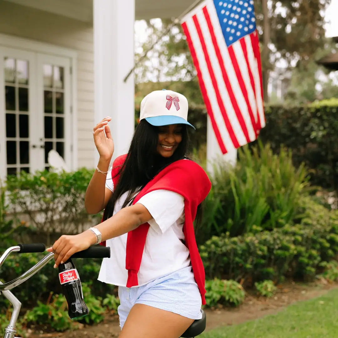 USA Striped Bow- Red/Light Blue 4th of July Hat