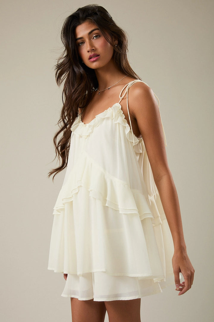 Ruffle Detail Shoulder Tie Flare Romper