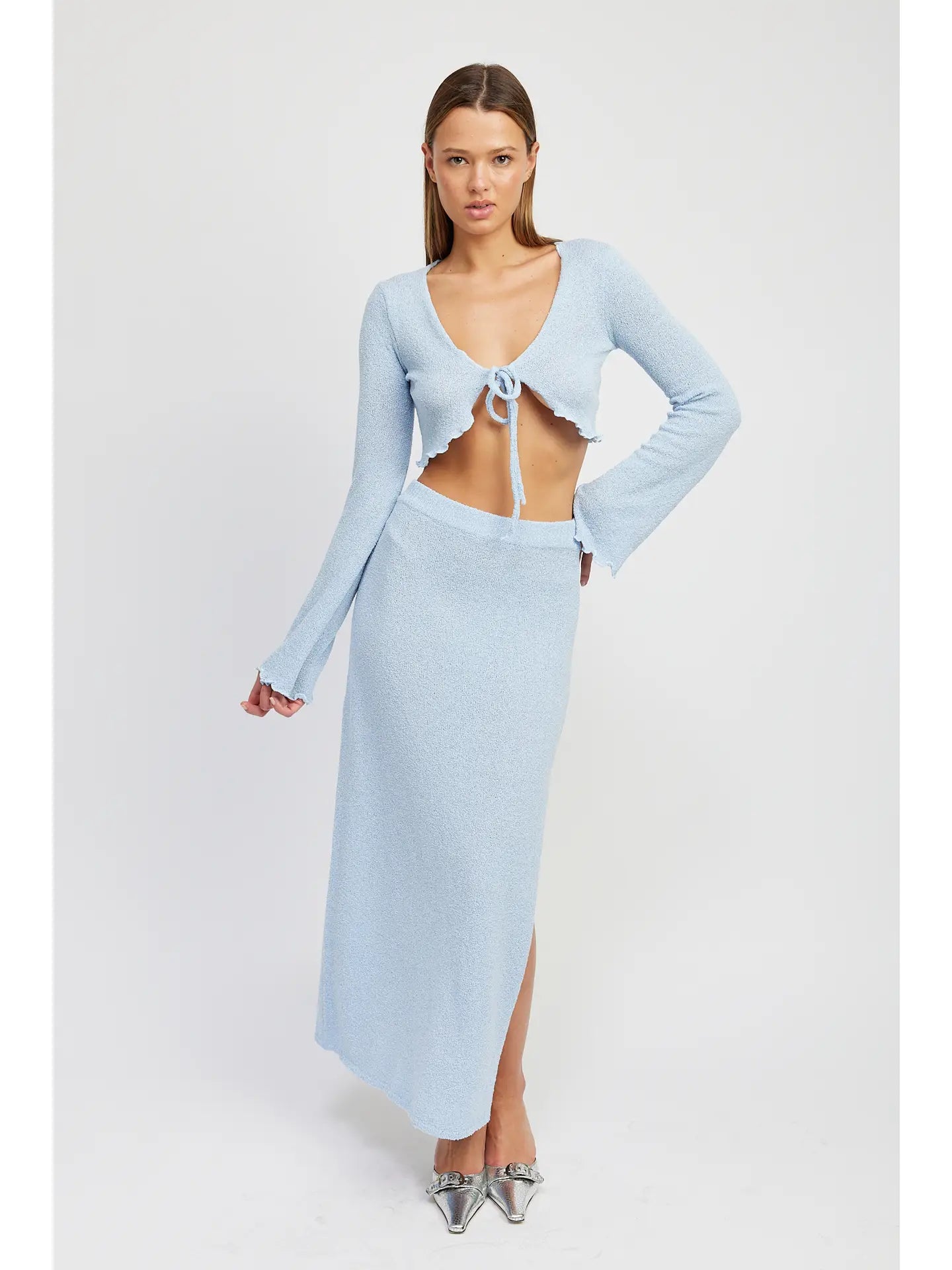 Sky Blue Long Sleeve Front Tie Cropped Top