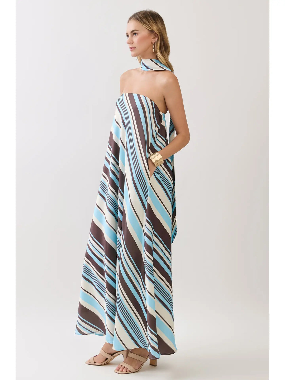 Striped Strapless Maxi Dress with Scarf