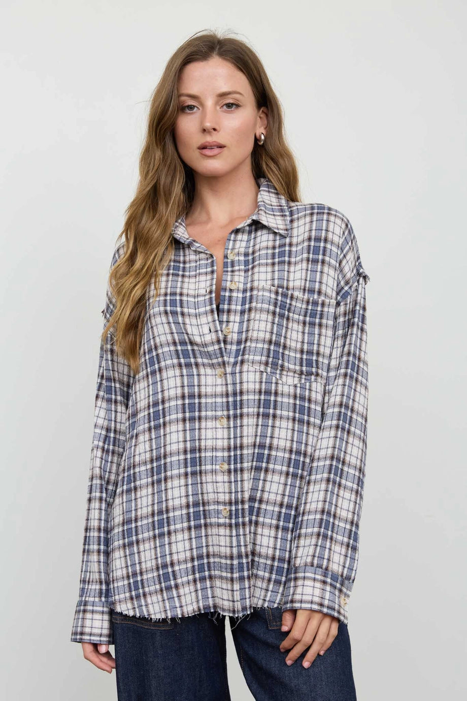 Plaid Collared Button Down Distressed Top