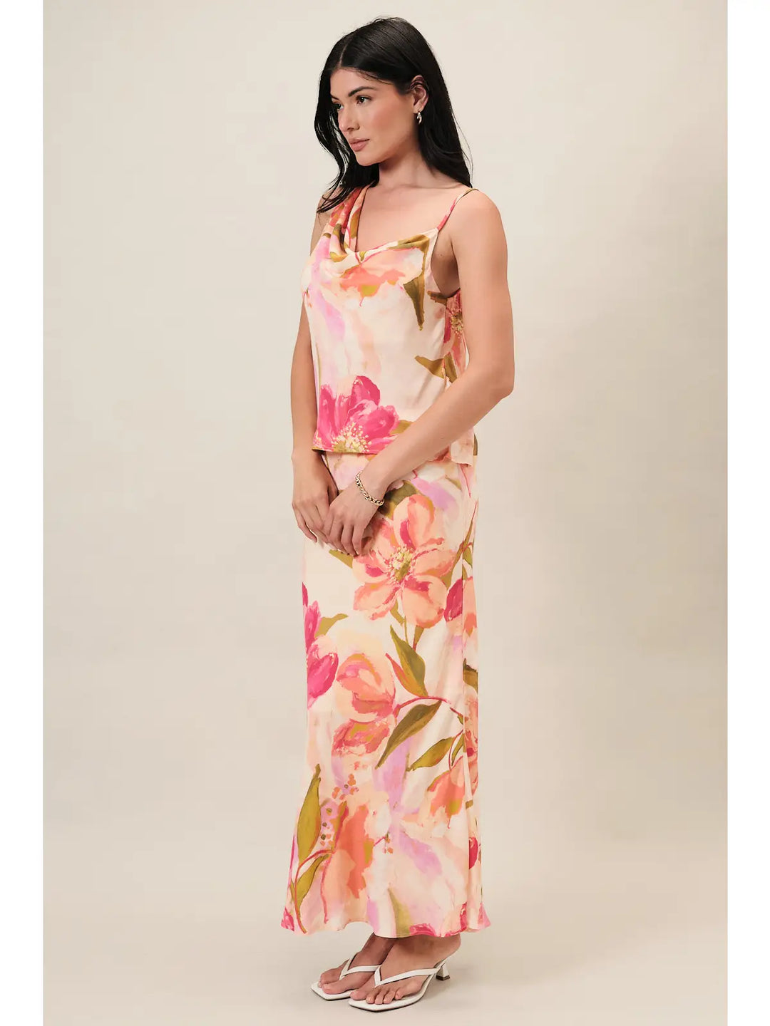 Asymmetric Cowl Neck Sleeveless Floral Top