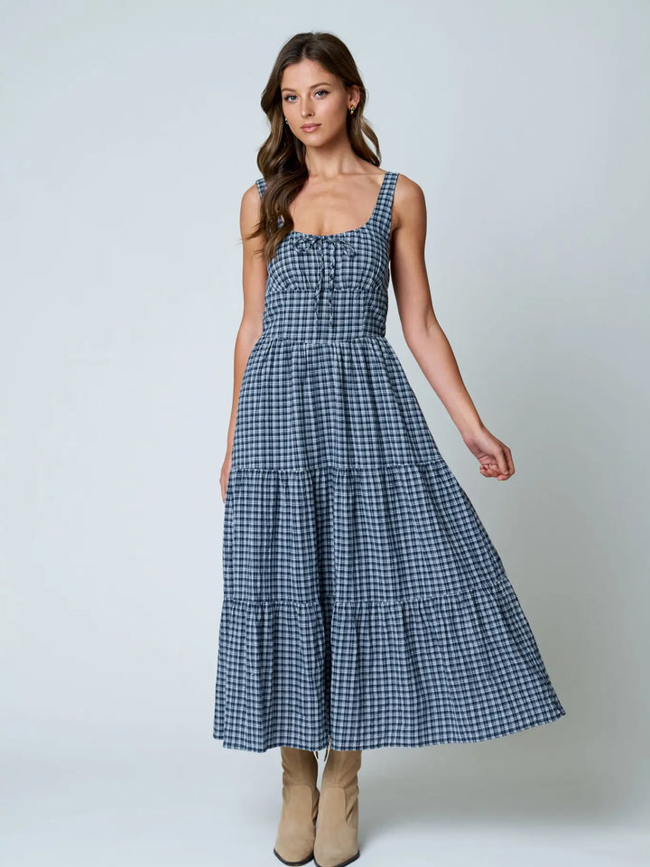 Plaid Front Tie Corset Detail Tiered Midi Dress