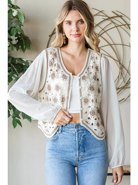 Crochet Button Up Long Sleeve Top