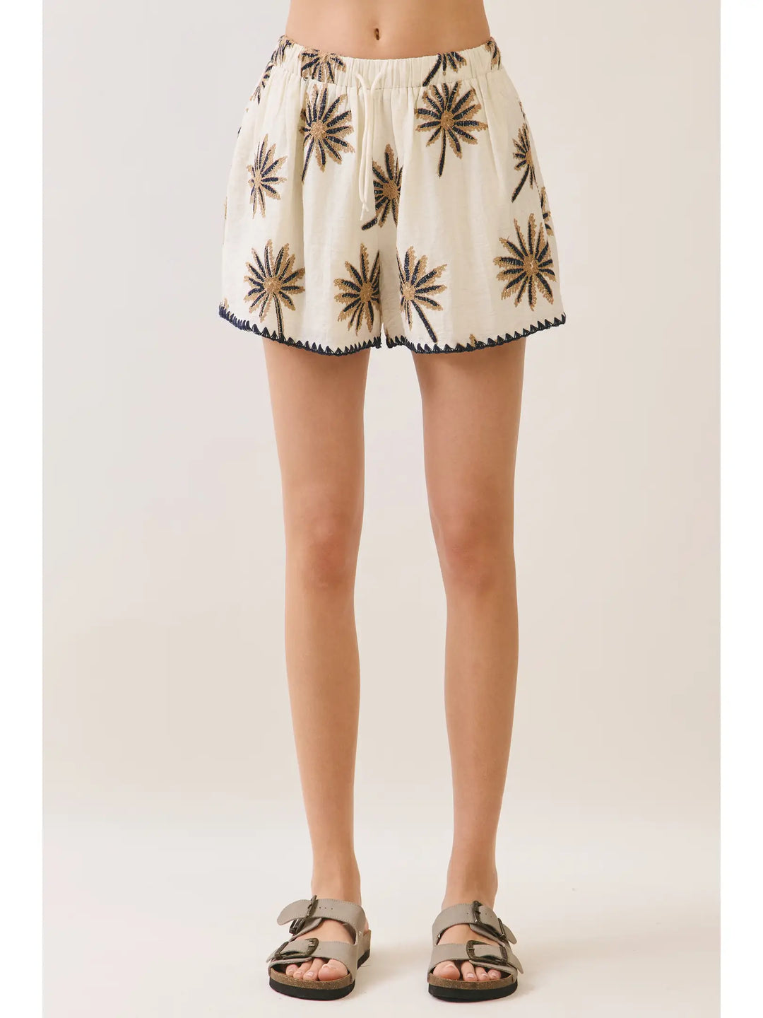 Palm Tree Embroidered Elastic Waistband Shorts